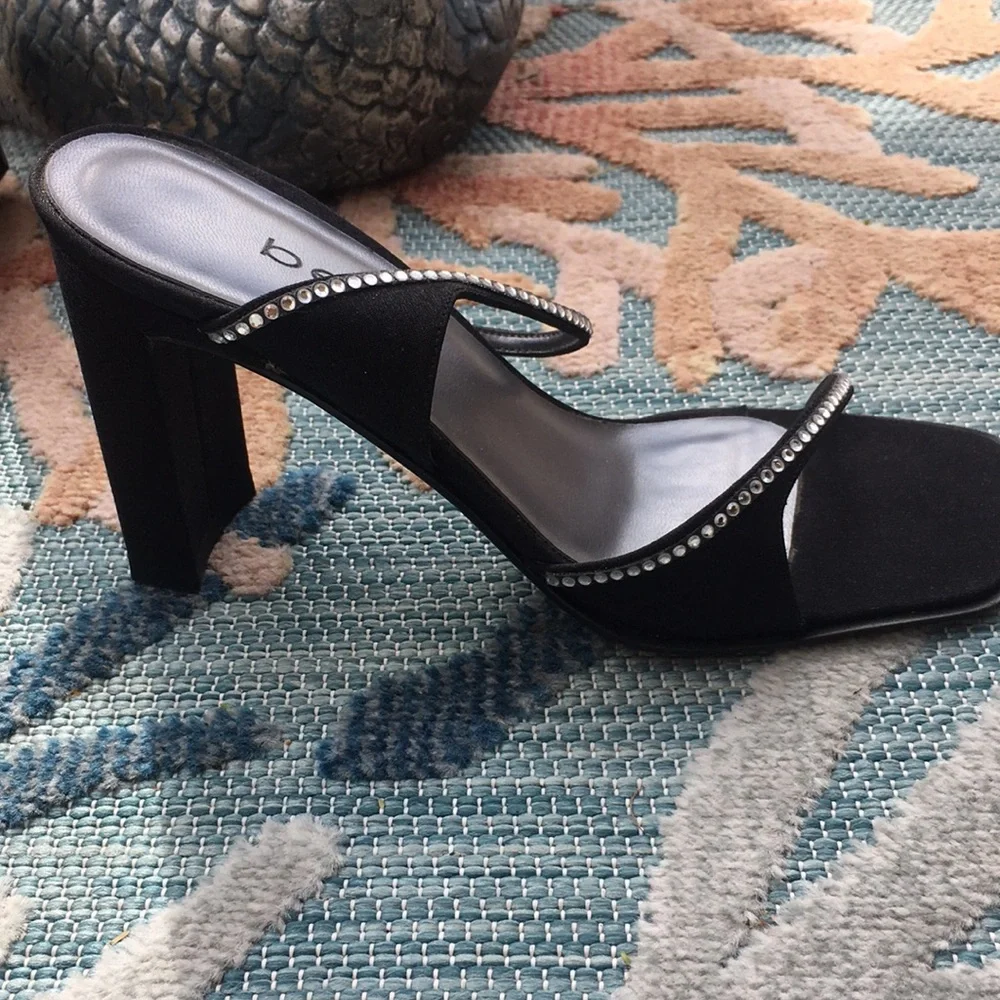 Bebe Evening Heels Jeanette Estella Black Clear Rhinestone size 6 Y2K Square Toe